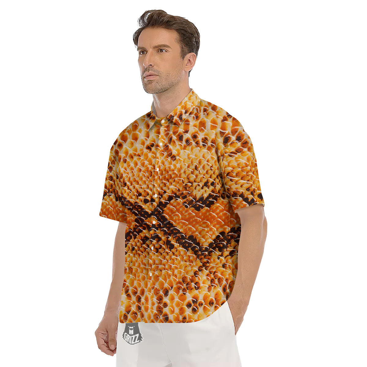 Snakeskin Yellow And Brown Print Men's Short Sleeve Shirts-grizzshop