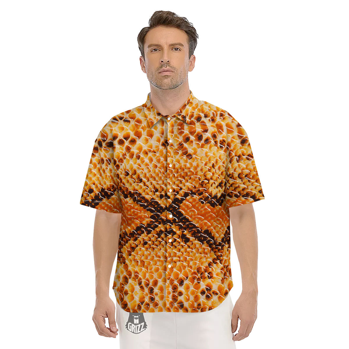 Snakeskin Yellow And Brown Print Men's Short Sleeve Shirts-grizzshop