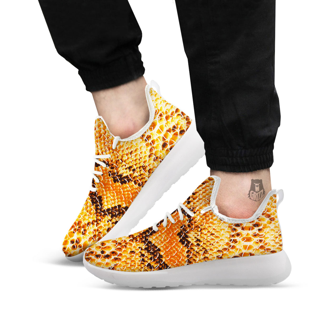 Snakeskin Yellow And Brown Print White Athletic Shoes-grizzshop