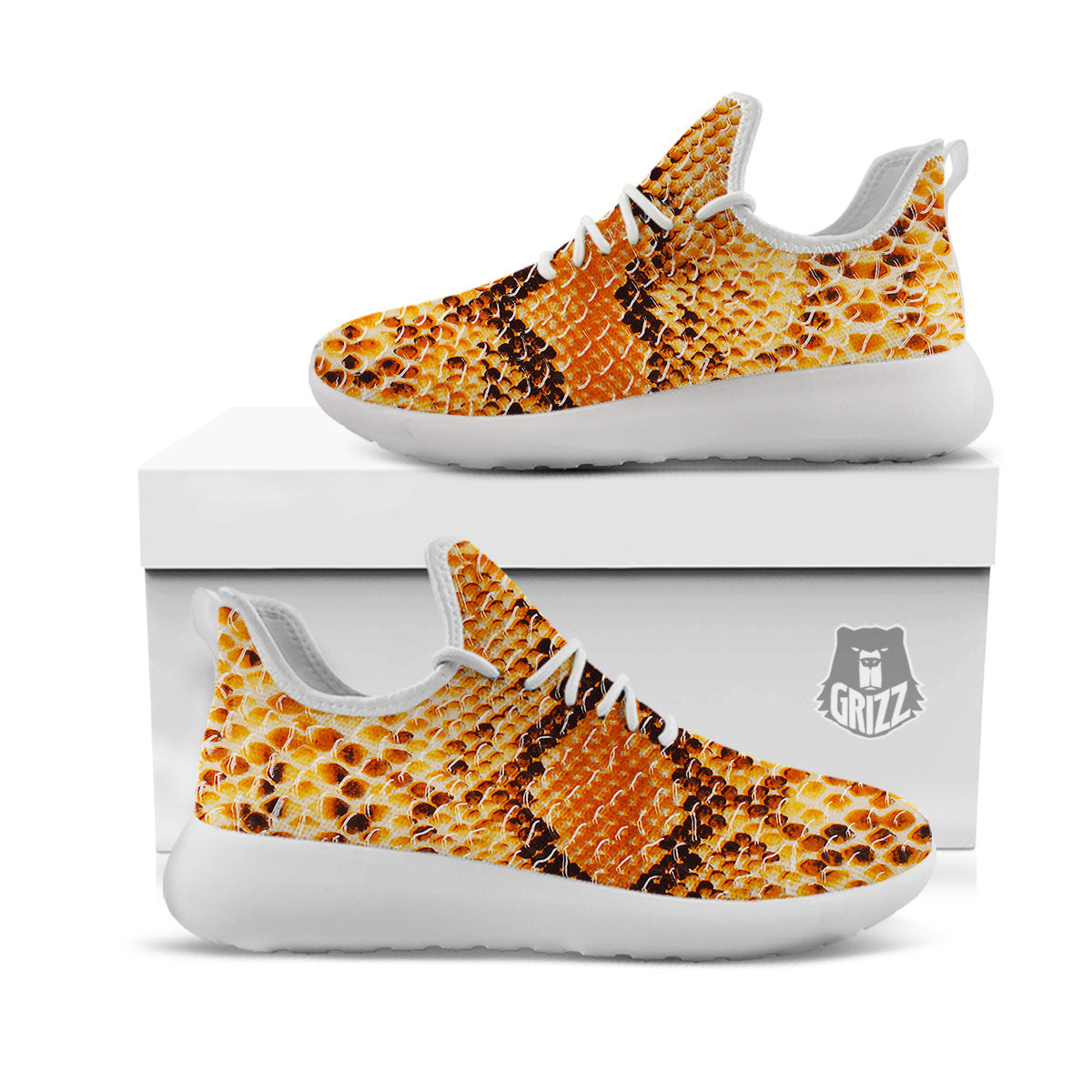 Snakeskin Yellow And Brown Print White Athletic Shoes-grizzshop