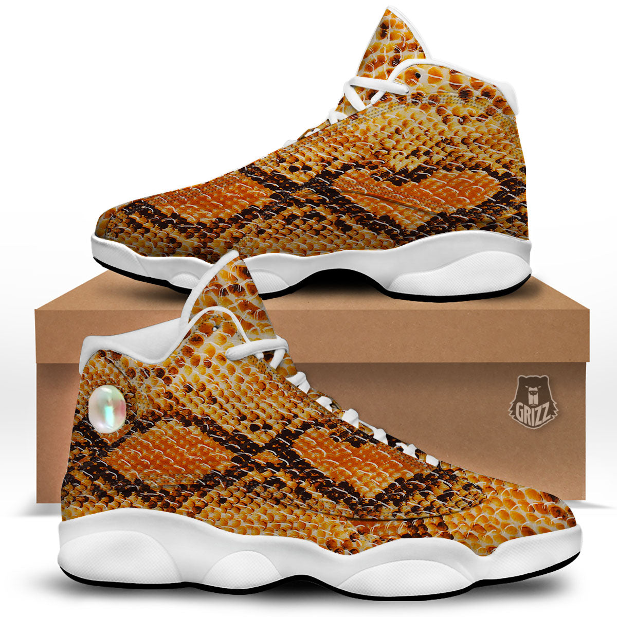 Snakeskin Yellow And Brown Print White Basketball Shoes-grizzshop