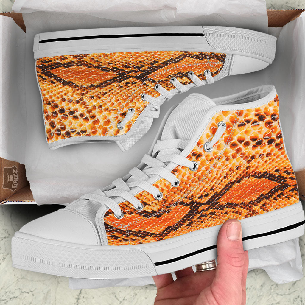 Snakeskin Yellow And Brown Print White High Top Shoes-grizzshop