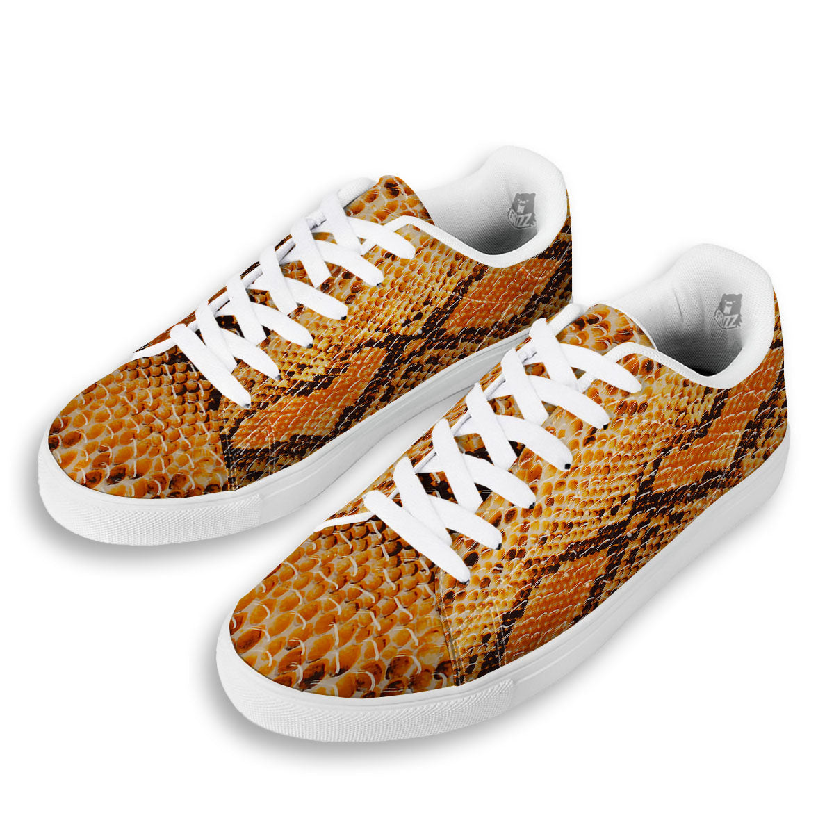 Snakeskin Yellow And Brown Print White Low Top Sneakers-grizzshop