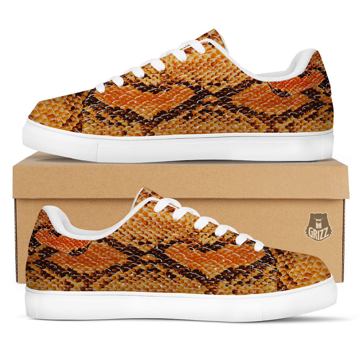 Snakeskin Yellow And Brown Print White Low Top Sneakers-grizzshop