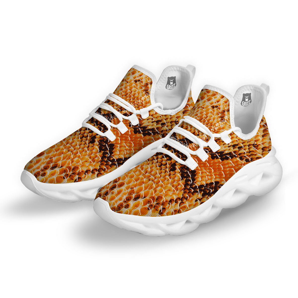 Snakeskin Yellow And Brown Print White Running Shoes-grizzshop