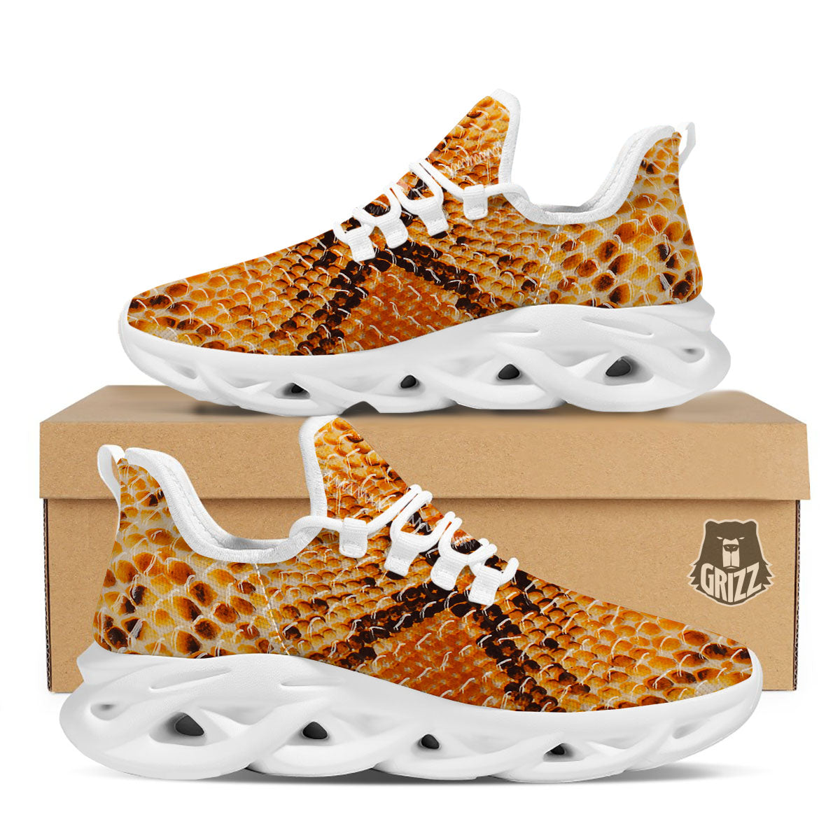 Snakeskin Yellow And Brown Print White Running Shoes-grizzshop