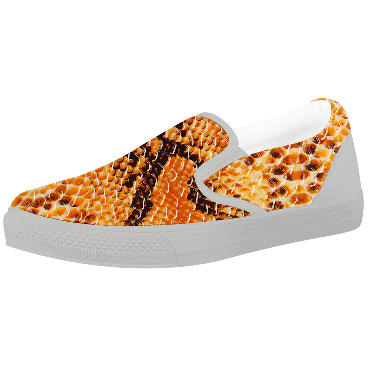 Snakeskin Yellow And Brown Print White Slip On Shoes-grizzshop