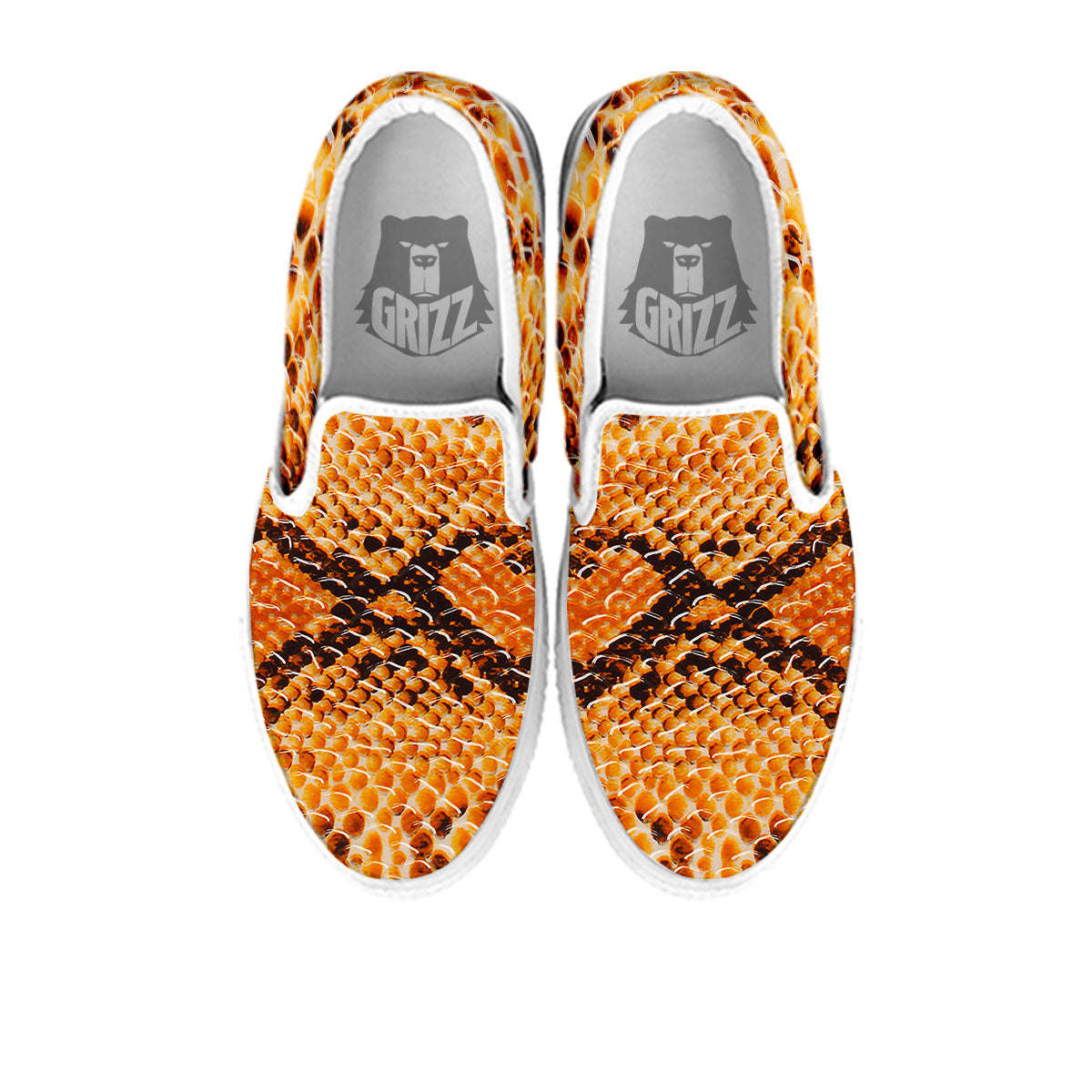 Snakeskin Yellow And Brown Print White Slip On Shoes-grizzshop