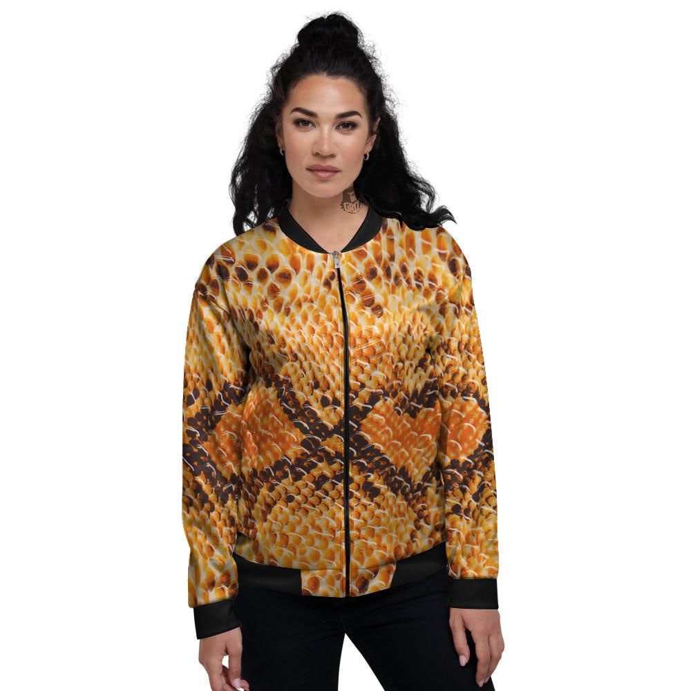 Snakeskin Yellow And Brown Print Women's Bomber Jacket-grizzshop