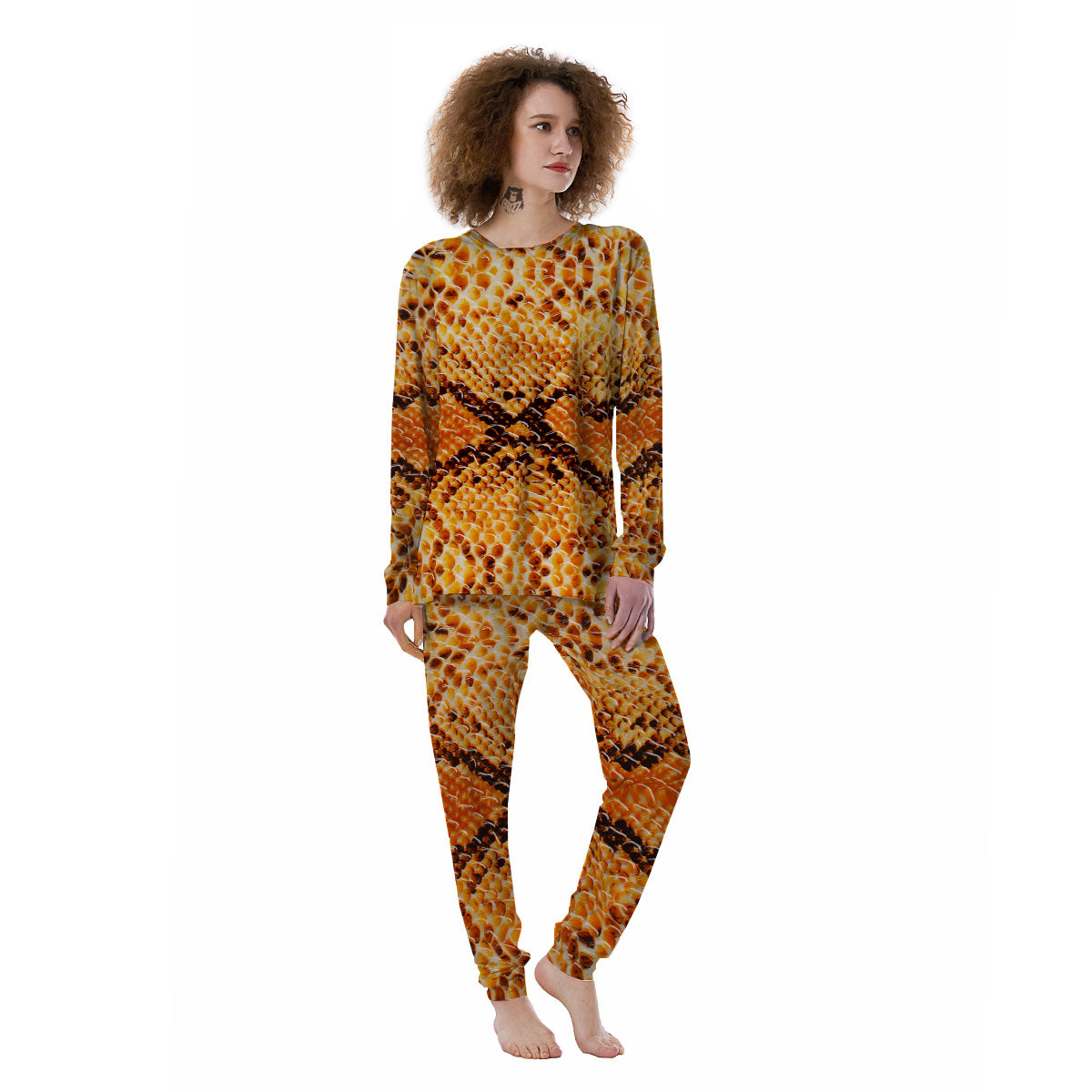 Snakeskin Yellow And Brown Print Women's Pajamas-grizzshop