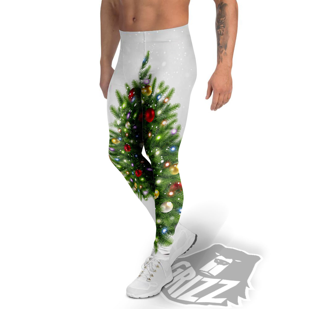 Snow And Christmas Tree Print Men's Leggings-grizzshop