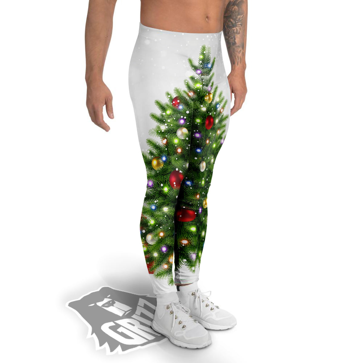 Snow And Christmas Tree Print Men's Leggings-grizzshop