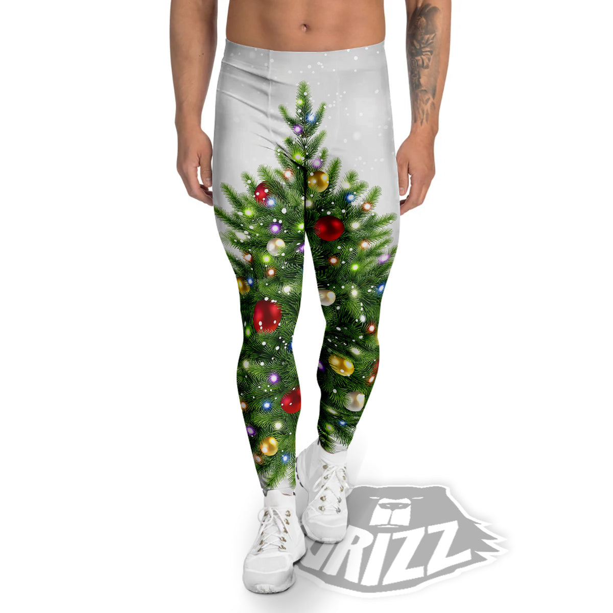 Snow And Christmas Tree Print Men's Leggings-grizzshop