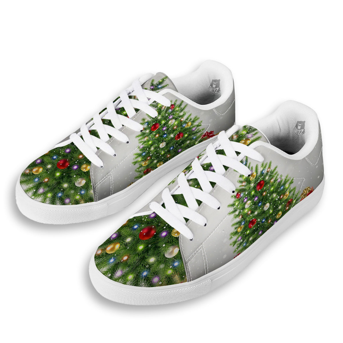 Snow And Christmas Tree Print White Low Top Sneakers-grizzshop