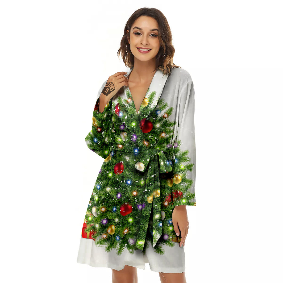 Snow And Christmas Tree Print Women's Robe-grizzshop