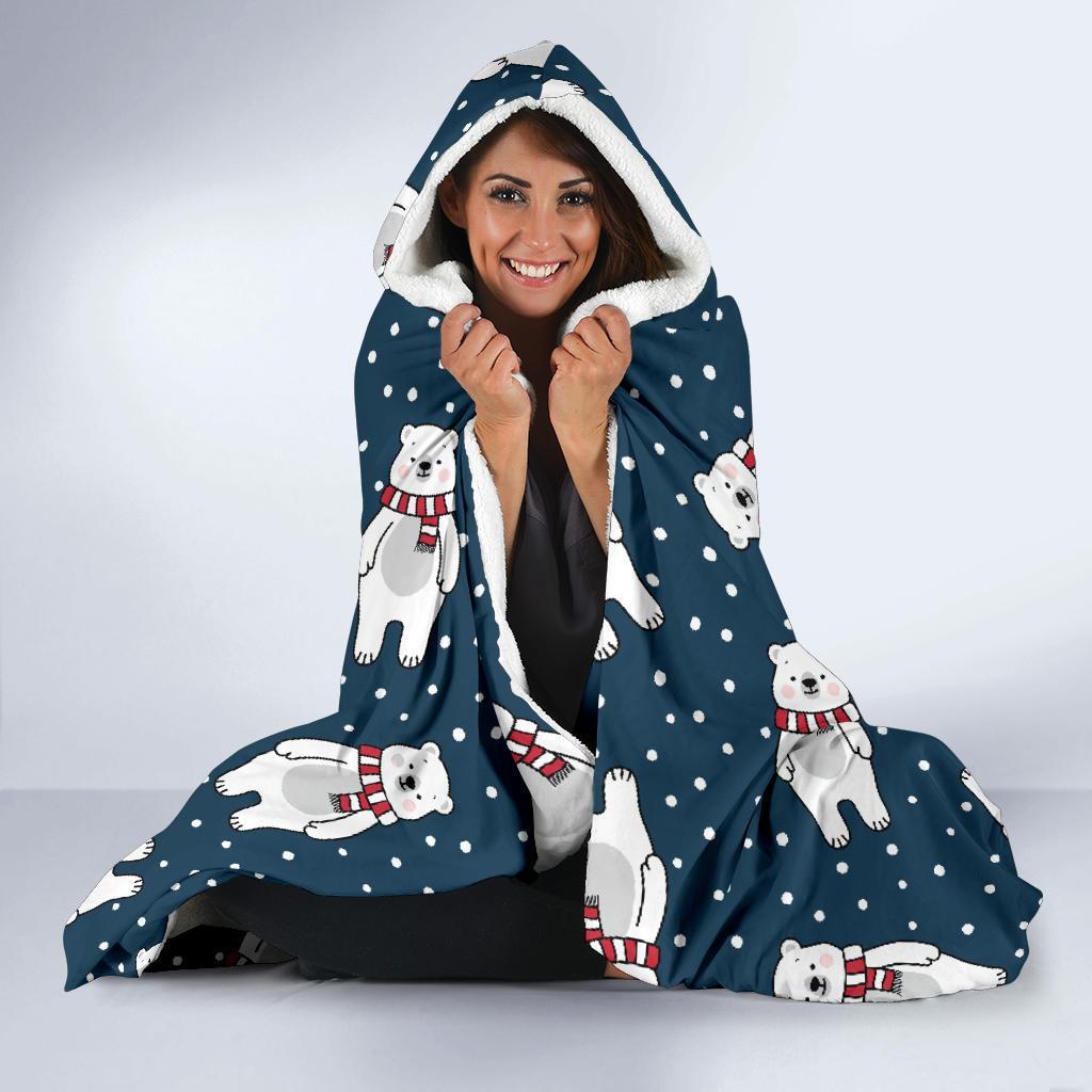 Snow Polar Bear Christmas Pattern Print Hooded Blanket-grizzshop