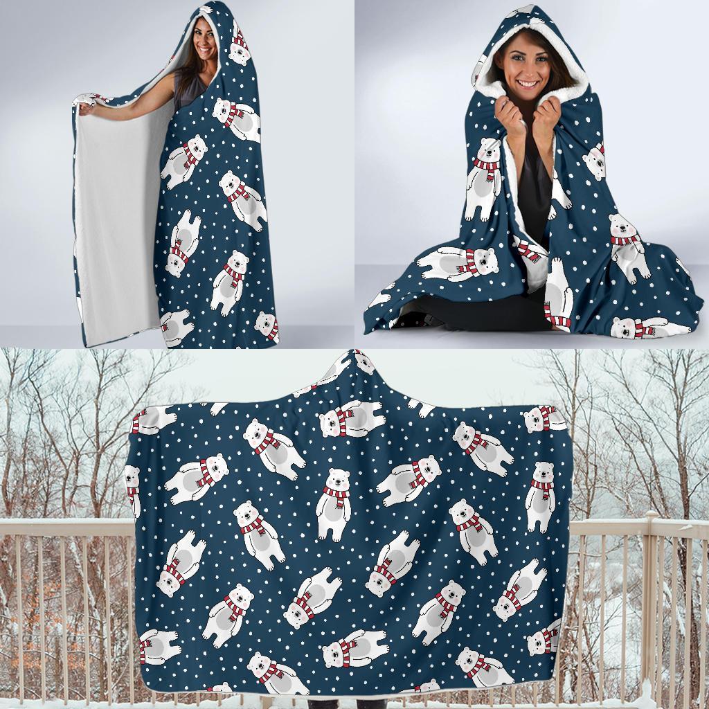 Snow Polar Bear Christmas Pattern Print Hooded Blanket-grizzshop