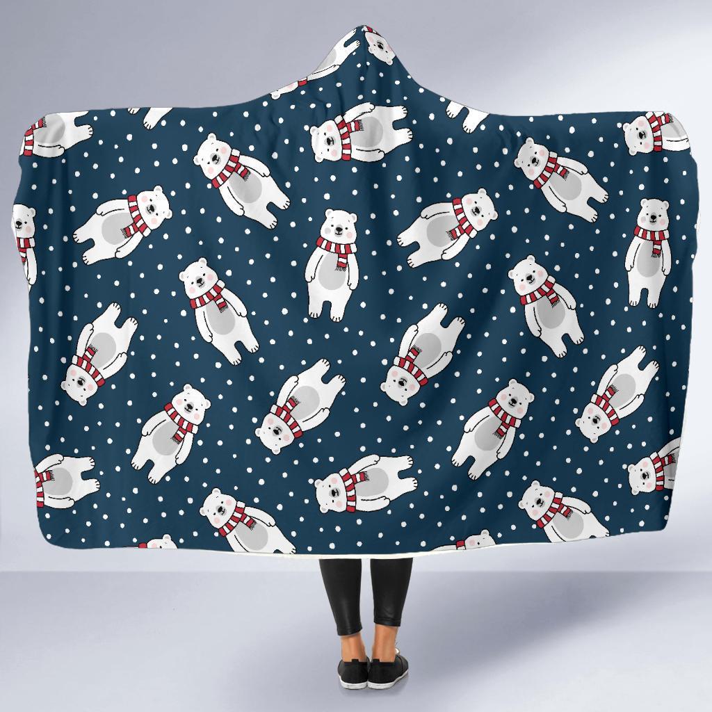 Snow Polar Bear Christmas Pattern Print Hooded Blanket-grizzshop