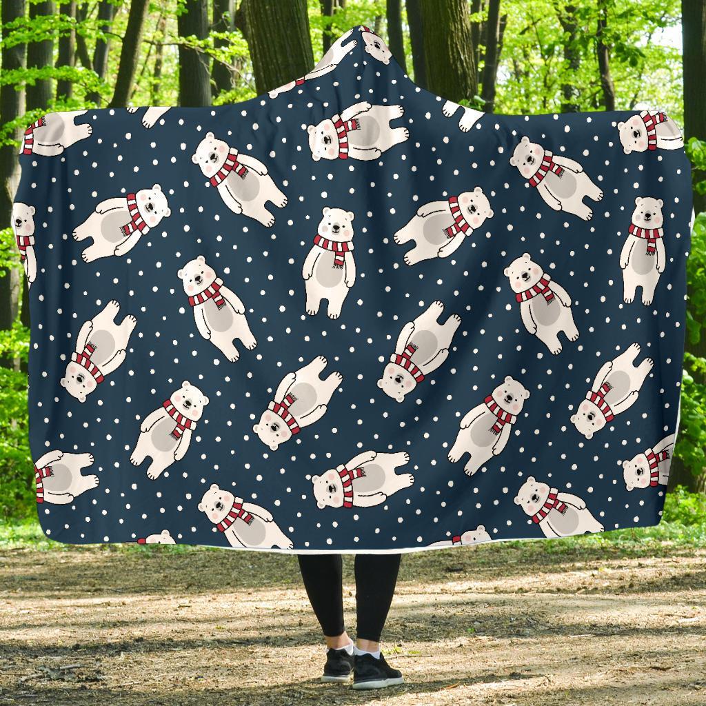 Snow Polar Bear Christmas Pattern Print Hooded Blanket-grizzshop