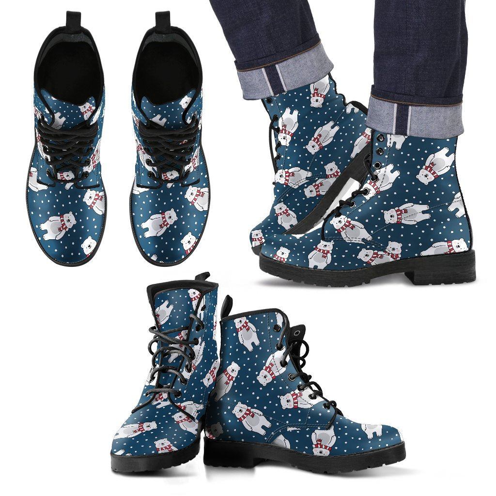Snow Polar Bear Christmas Pattern Print Men Women Leather Boots-grizzshop