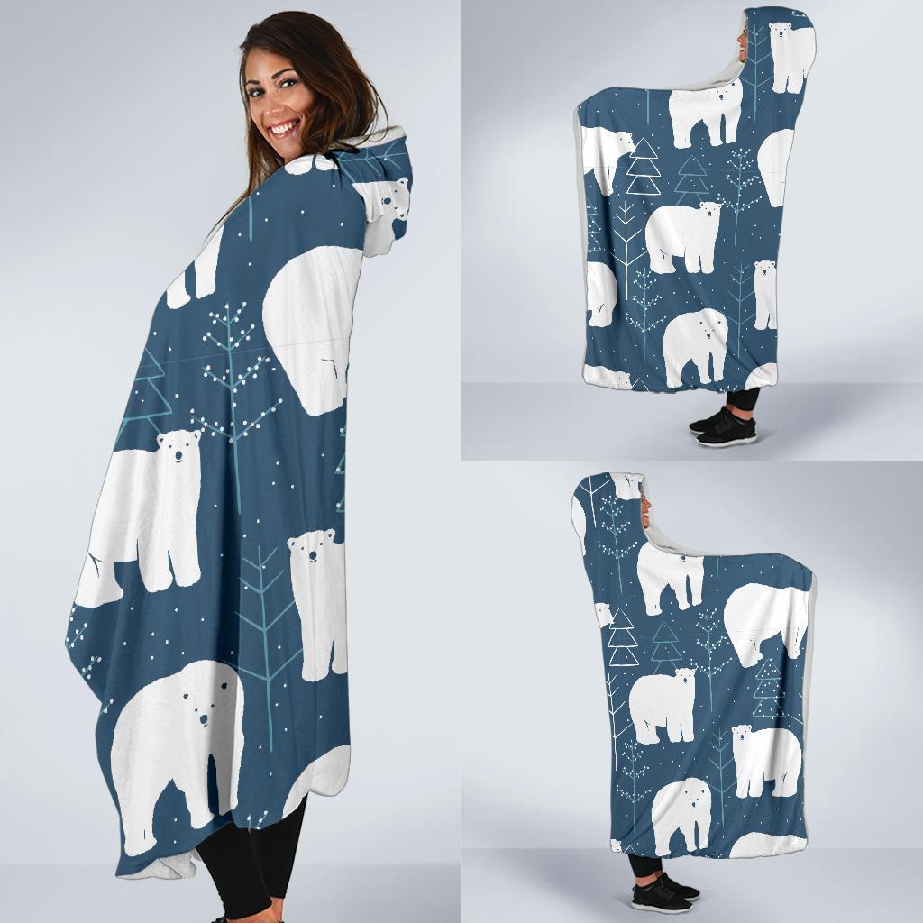 Snow Polar Bear Christmas Tree Pattern Print Hooded Blanket-grizzshop