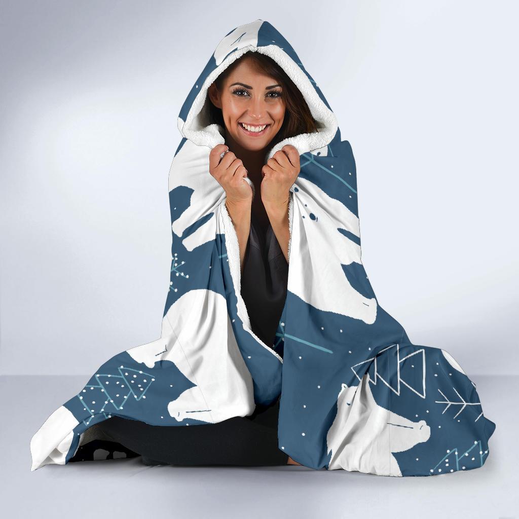 Snow Polar Bear Christmas Tree Pattern Print Hooded Blanket-grizzshop