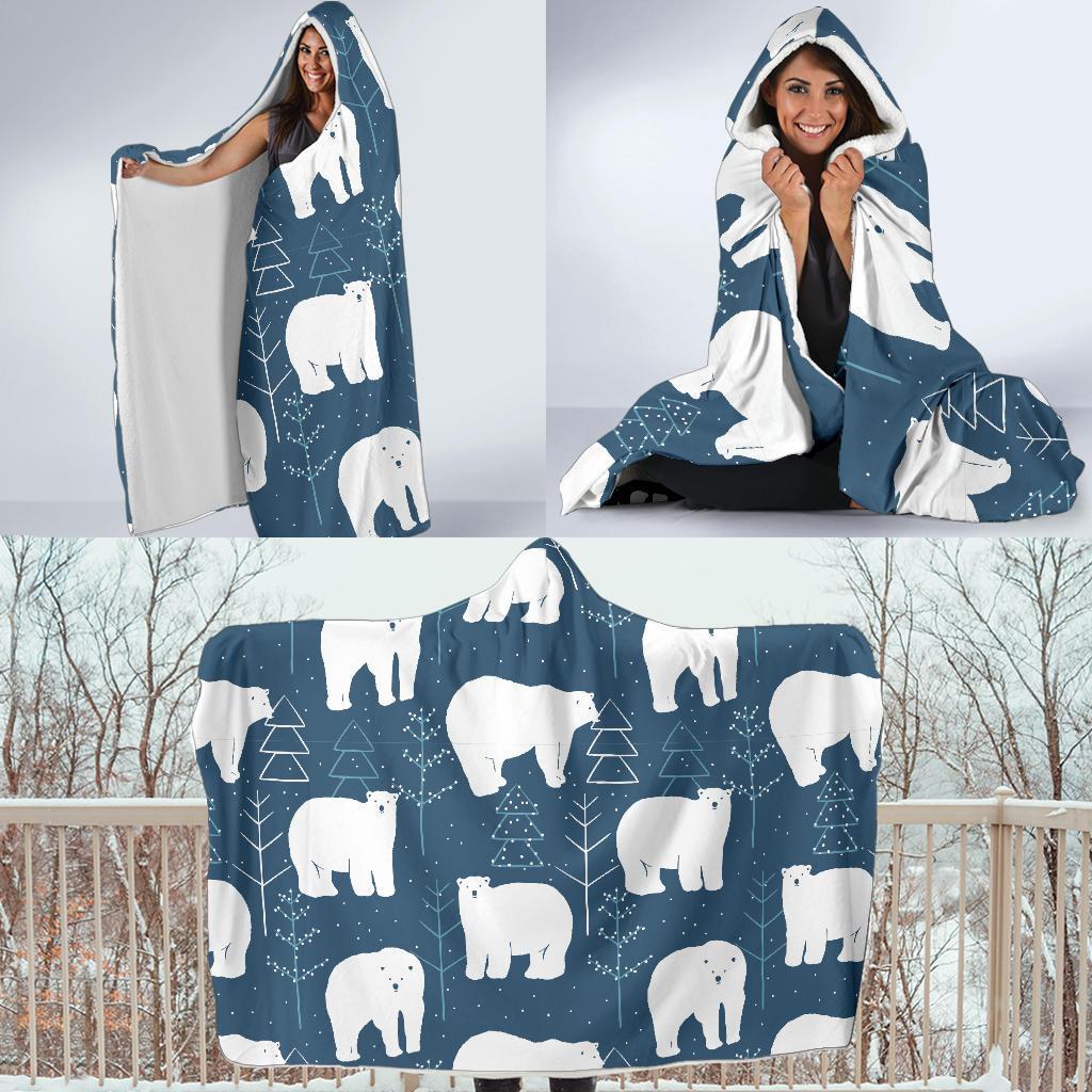 Snow Polar Bear Christmas Tree Pattern Print Hooded Blanket-grizzshop