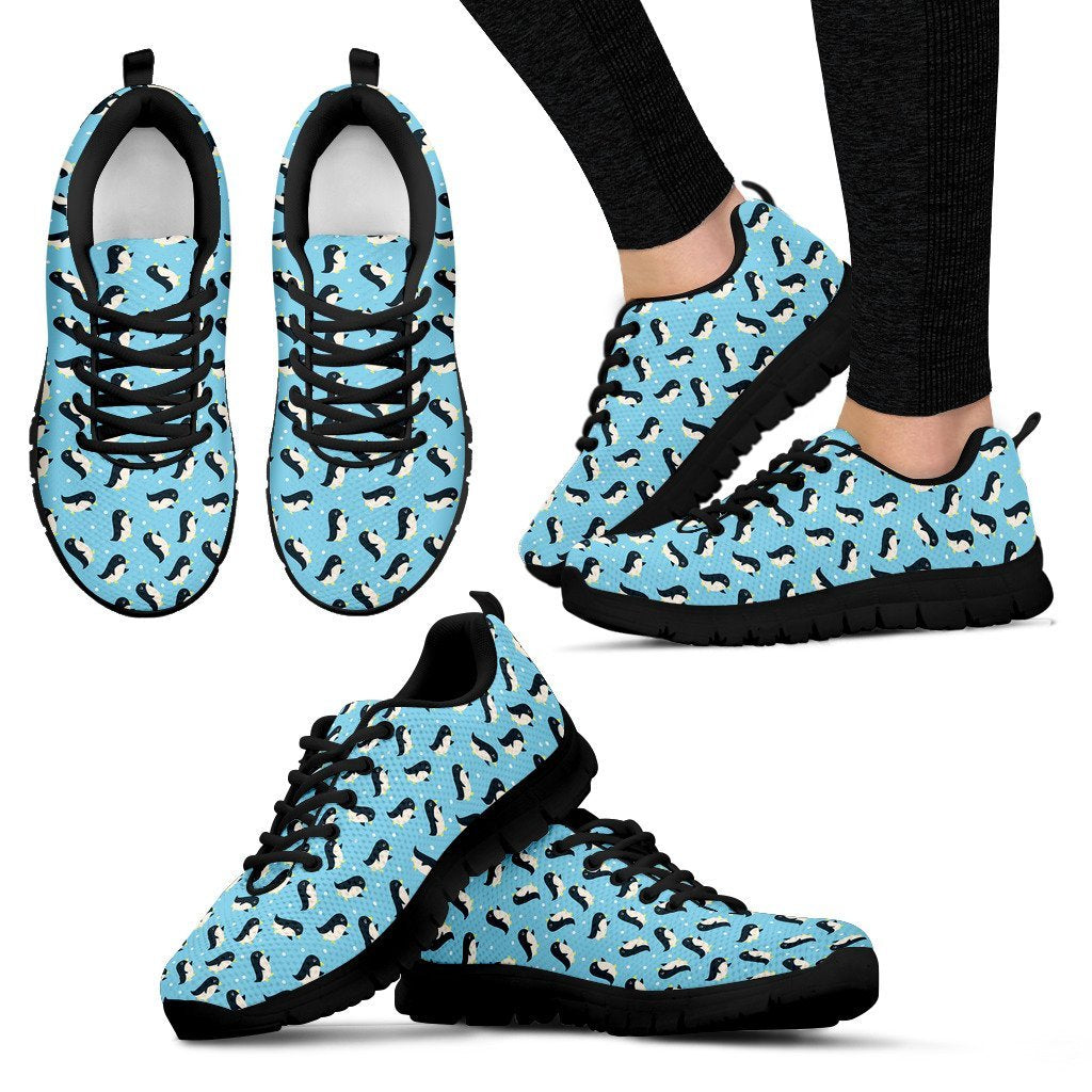 Snow Polka Dot Penguin Pattern Print Black Sneaker Shoes For Men Women-grizzshop