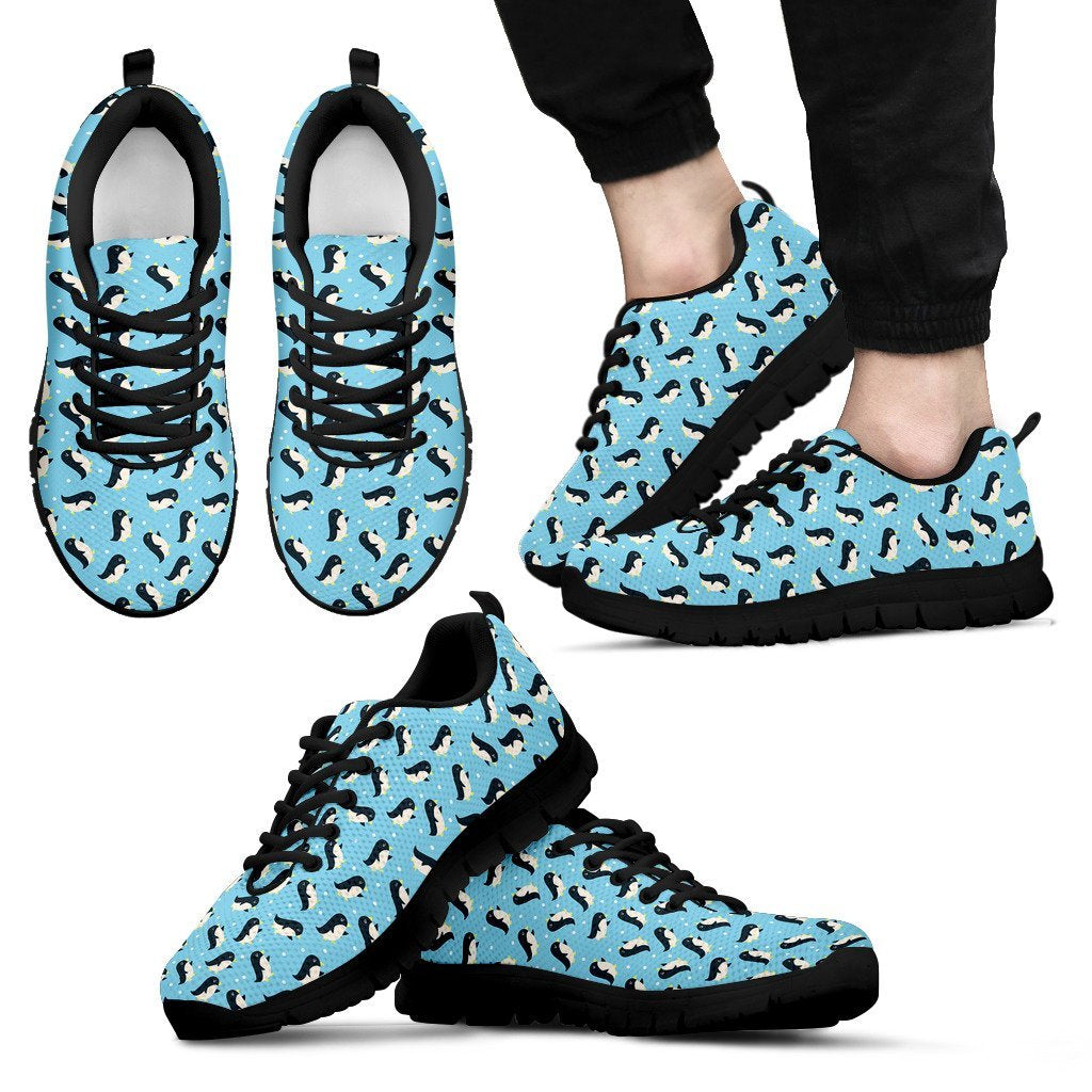 Snow Polka Dot Penguin Pattern Print Black Sneaker Shoes For Men Women-grizzshop