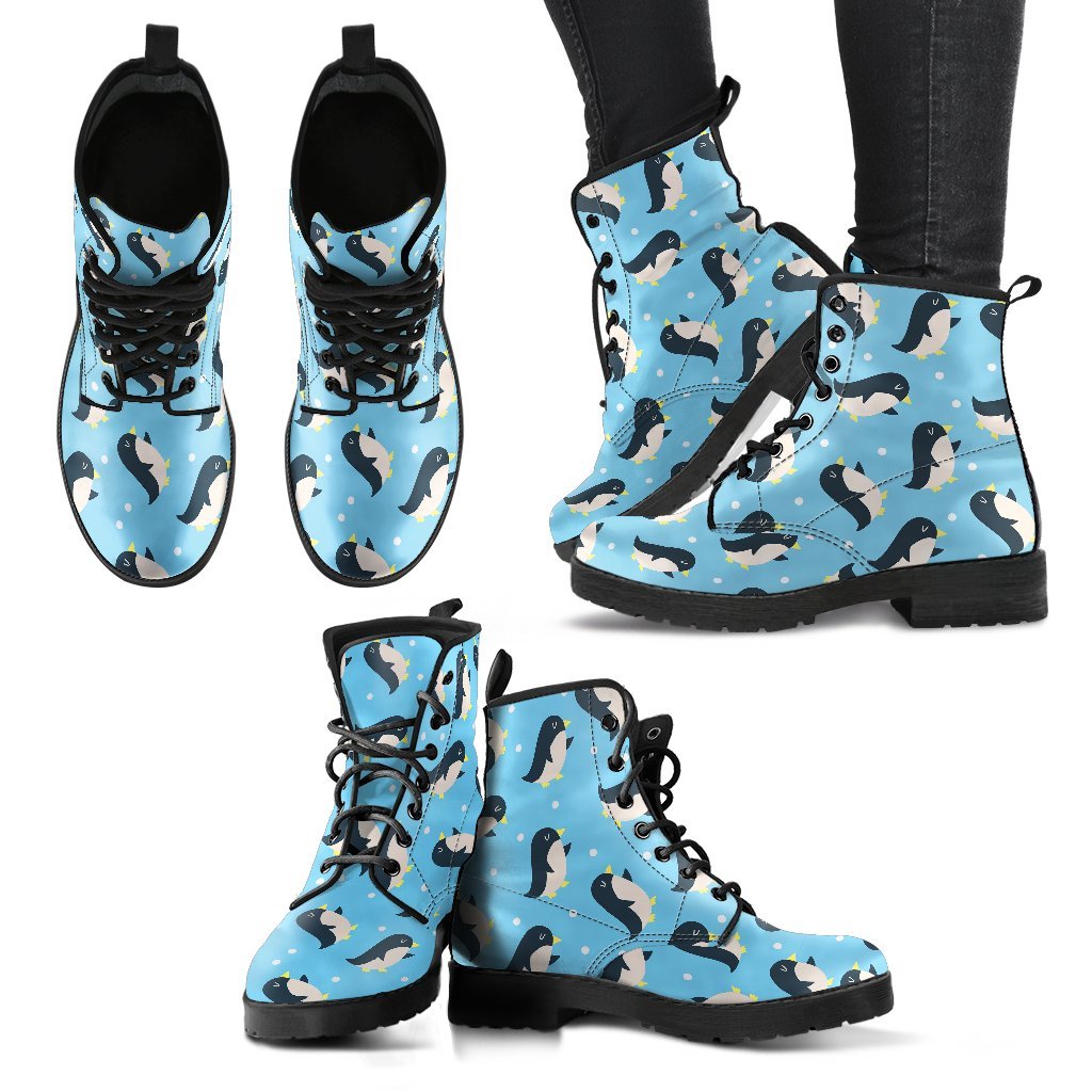 Snow Polka Dot Penguin Pattern Print Men Women Leather Boots-grizzshop