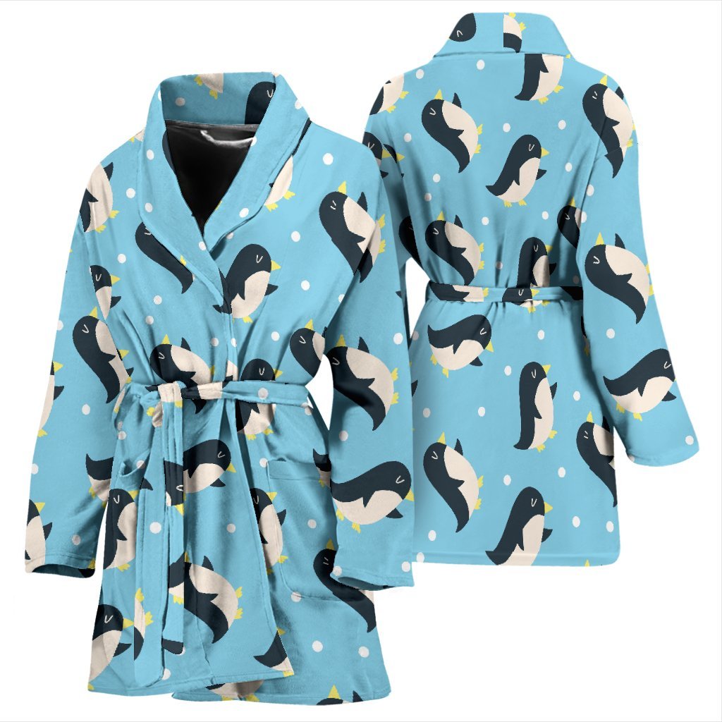 Snow Polka Dot Penguin Pattern Print Women Long Robe-grizzshop