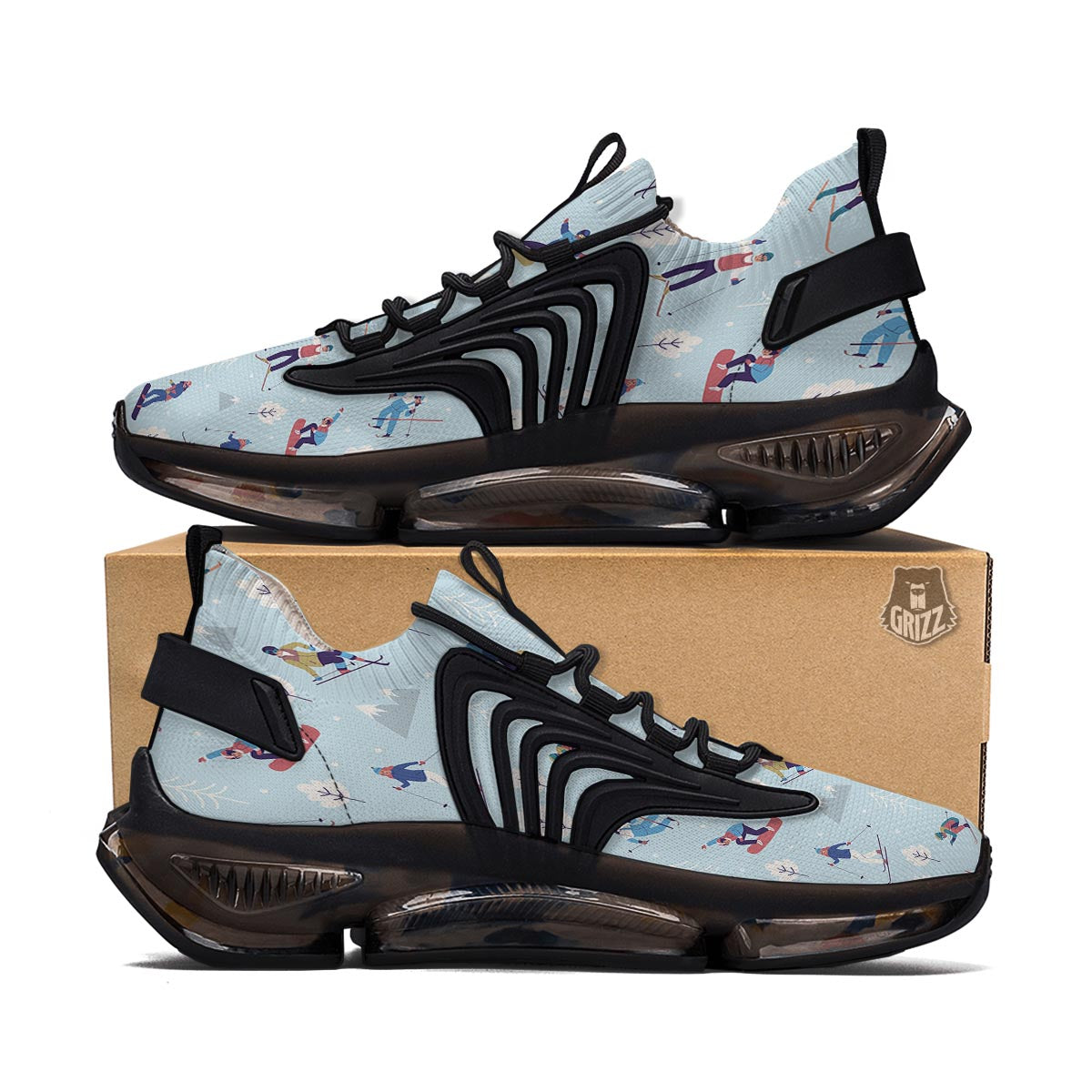 Snowboard And Ski Print Pattern Black Gym Shoes-grizzshop