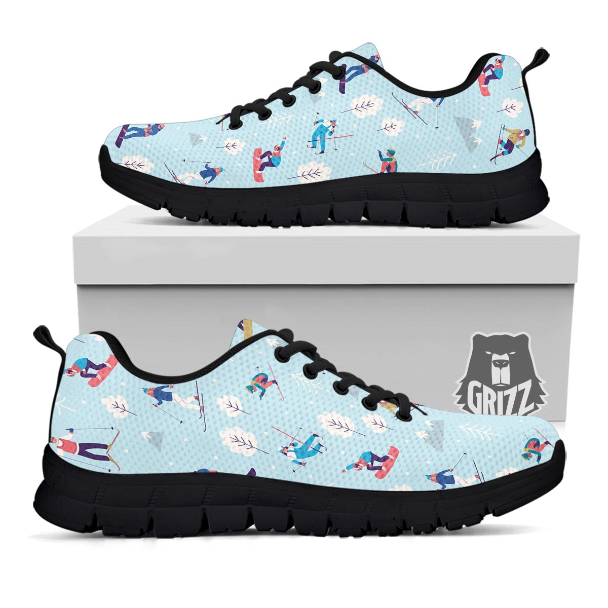 Snowboard And Ski Print Pattern Black Sneaker-grizzshop