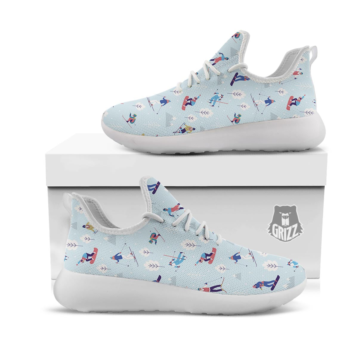 Snowboard And Ski Print Pattern White Athletic Shoes-grizzshop