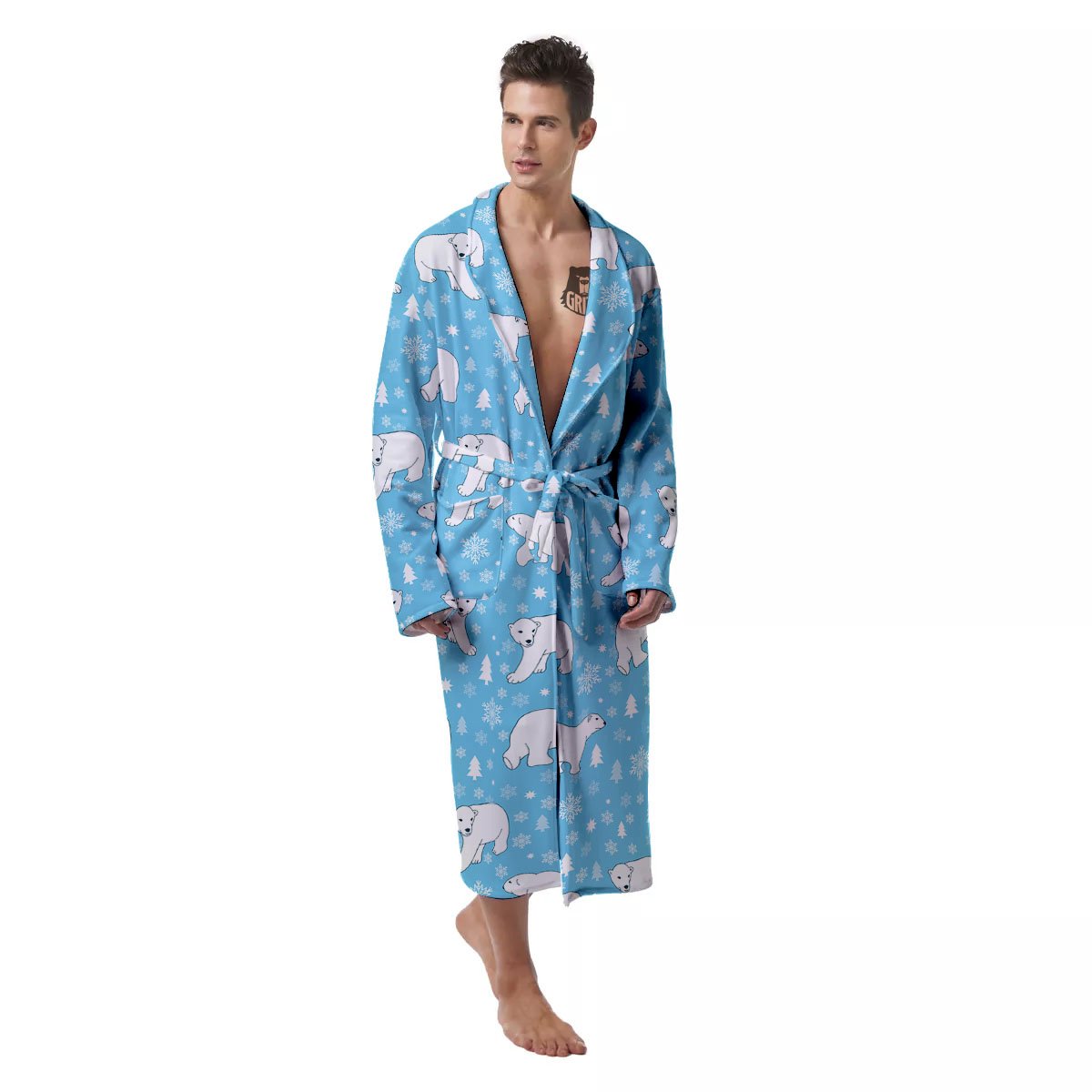 Snowflake And Polar Bear Print Pattern Men's Robe-grizzshop