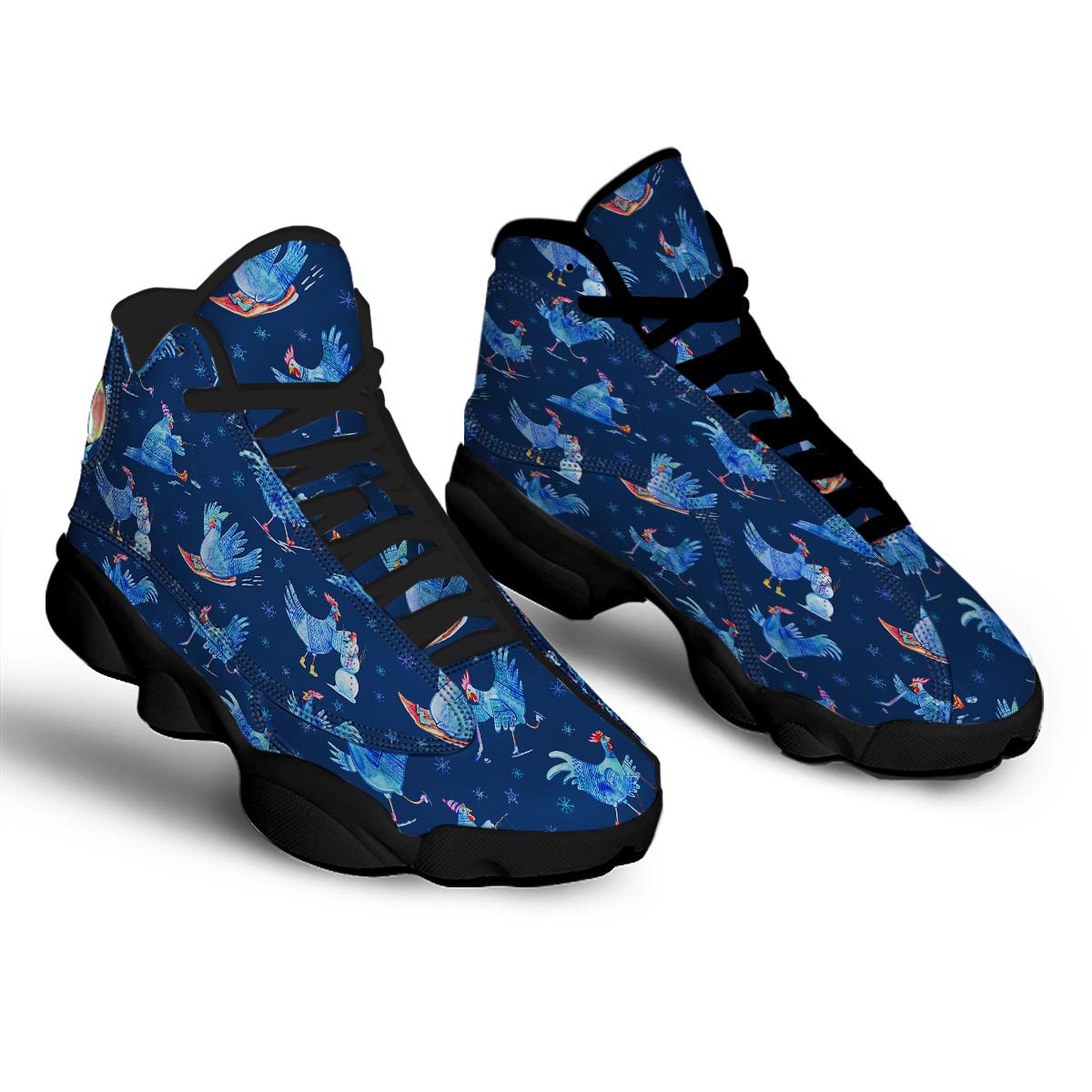 Snowflake And Rooster Print Pattern Black Basketball Shoes-grizzshop
