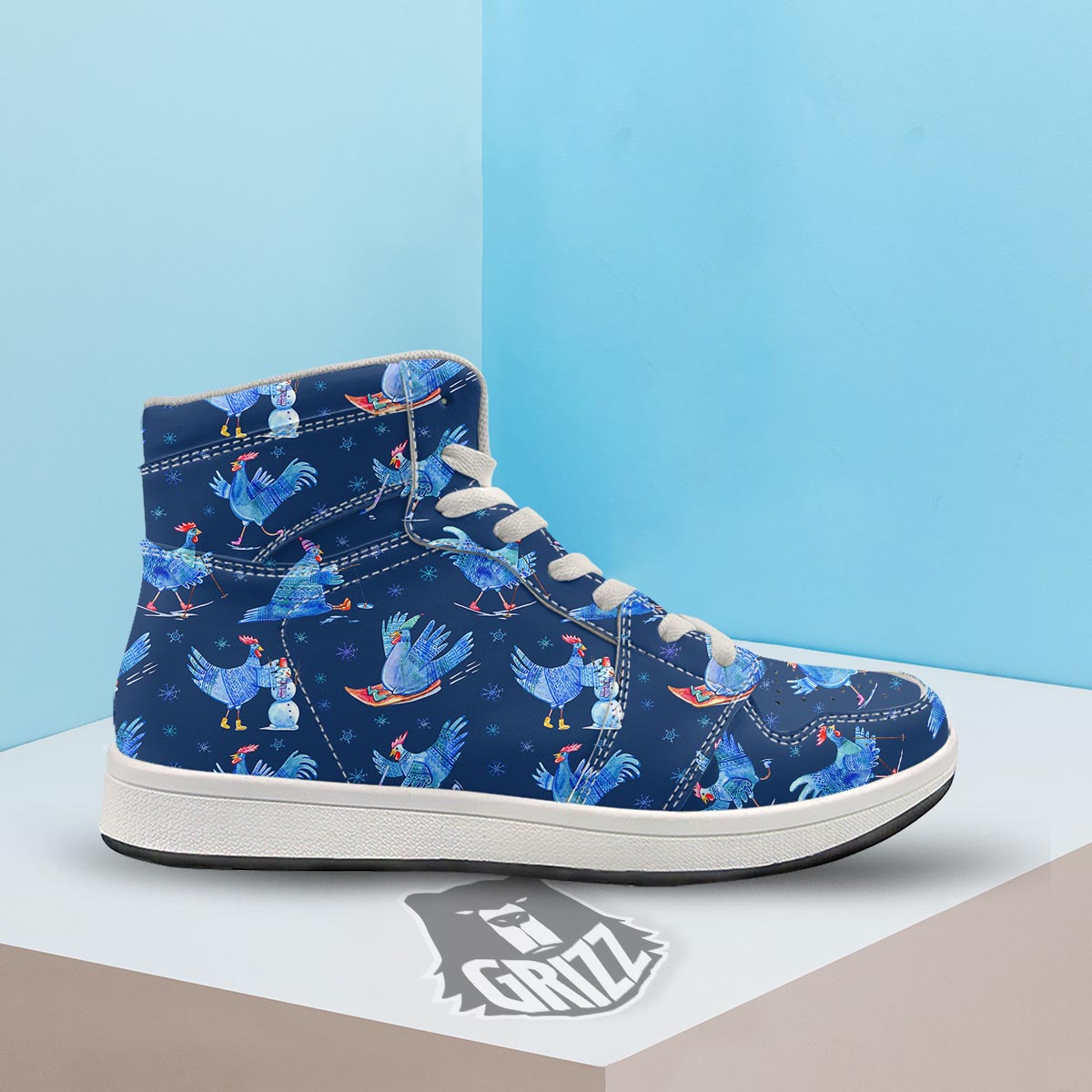 Snowflake And Rooster Print Pattern High Top Sneakers-grizzshop