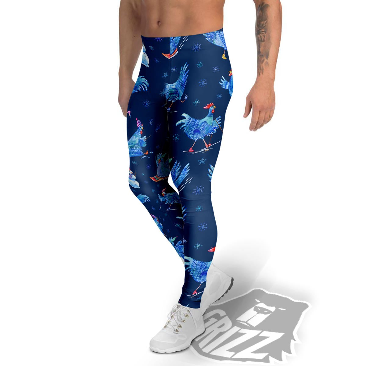 Snowflake And Rooster Print Pattern Men's Leggings-grizzshop