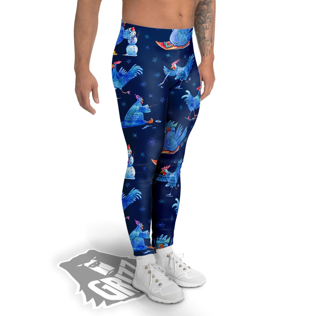 Snowflake And Rooster Print Pattern Men's Leggings-grizzshop