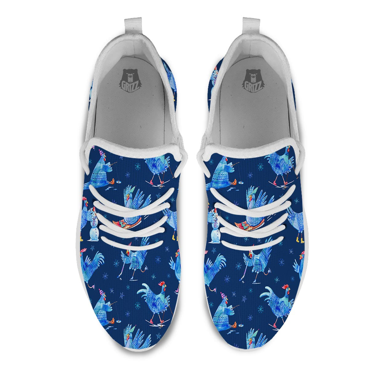 Snowflake And Rooster Print Pattern White Athletic Shoes-grizzshop