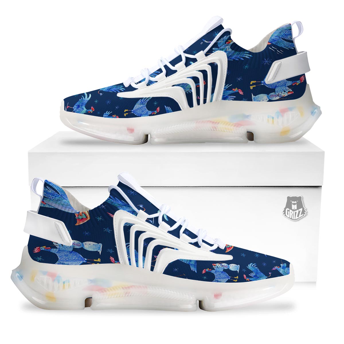 Snowflake And Rooster Print Pattern White Gym Shoes-grizzshop