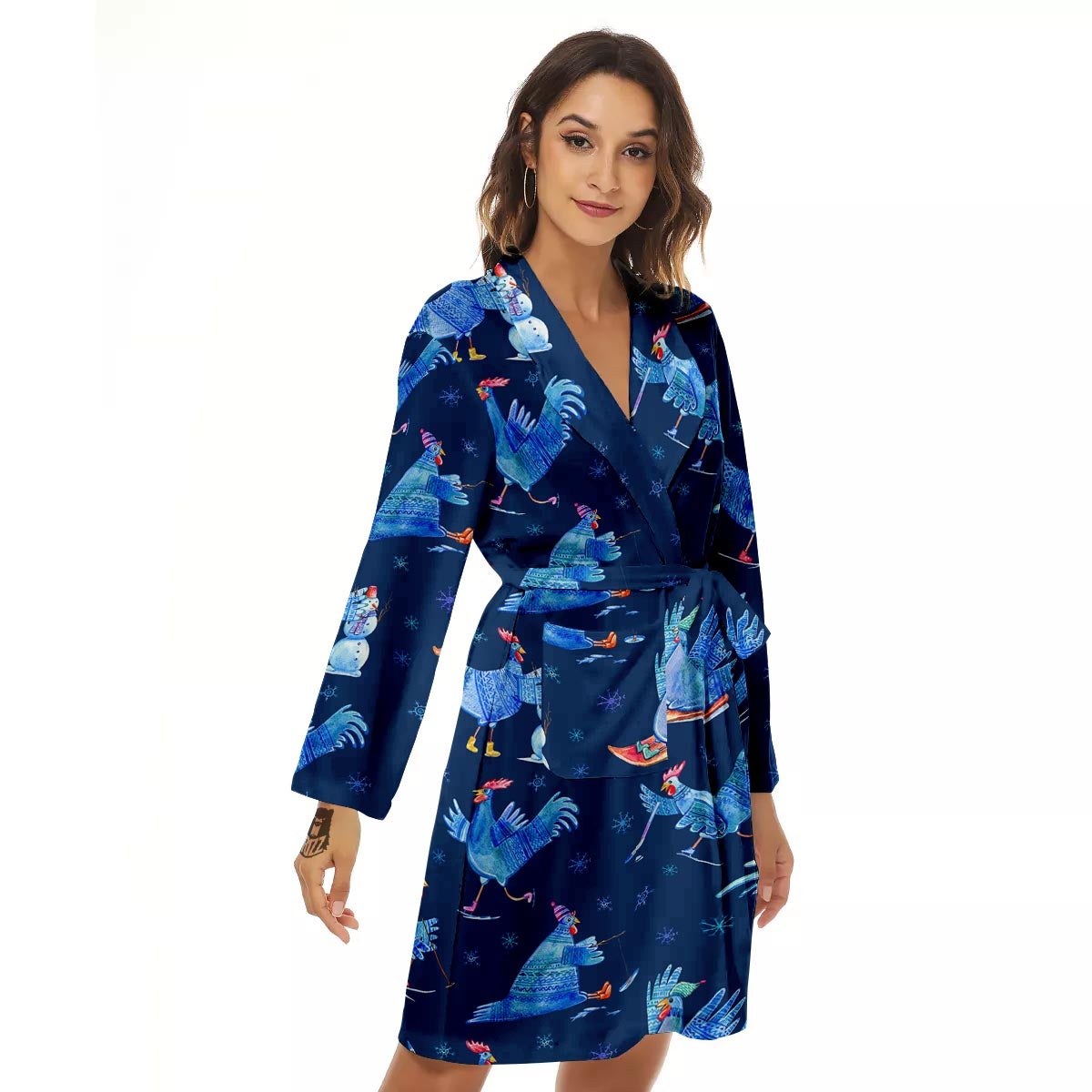 Snowflake And Rooster Print Pattern Women's Robe-grizzshop