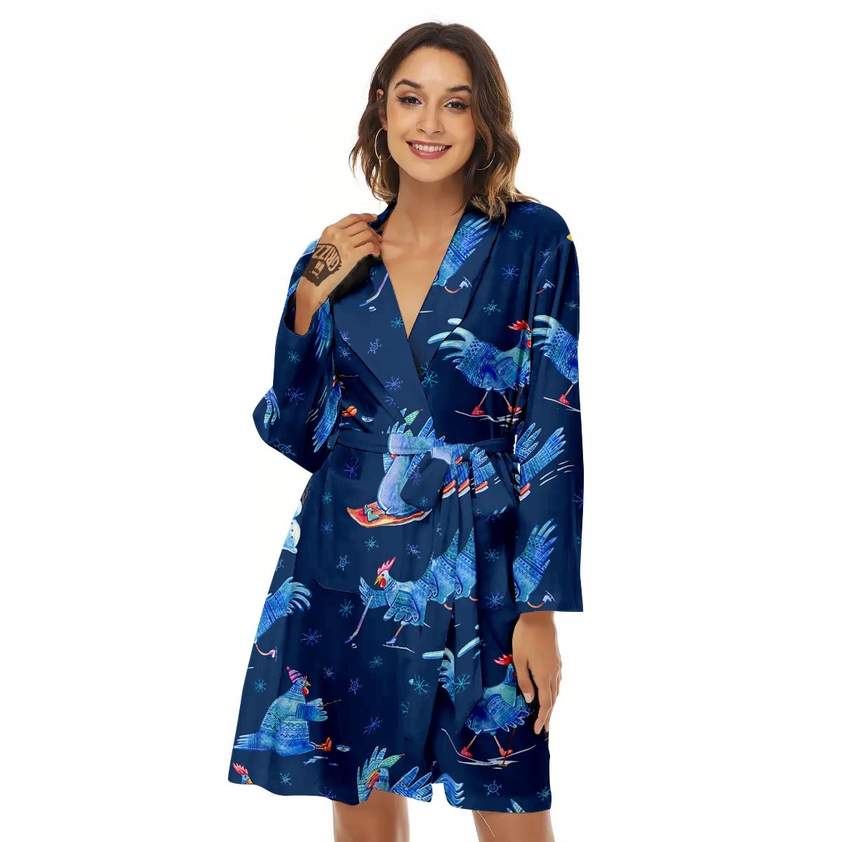 Snowflake And Rooster Print Pattern Women's Robe-grizzshop