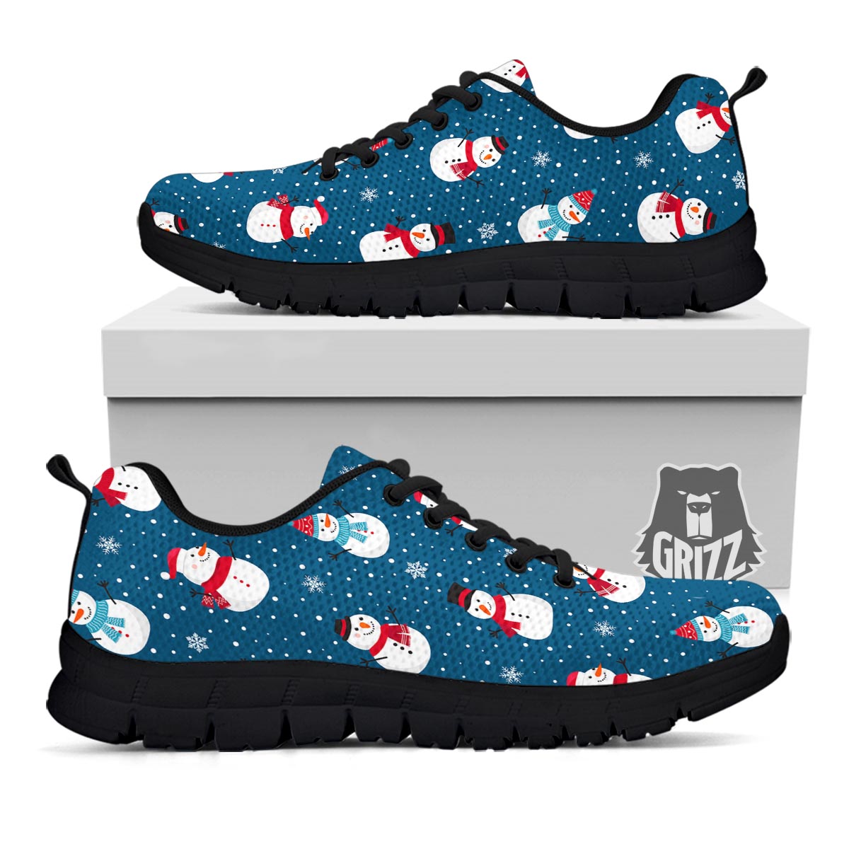 Snowflake And Snowman Print Pattern Black Sneaker-grizzshop