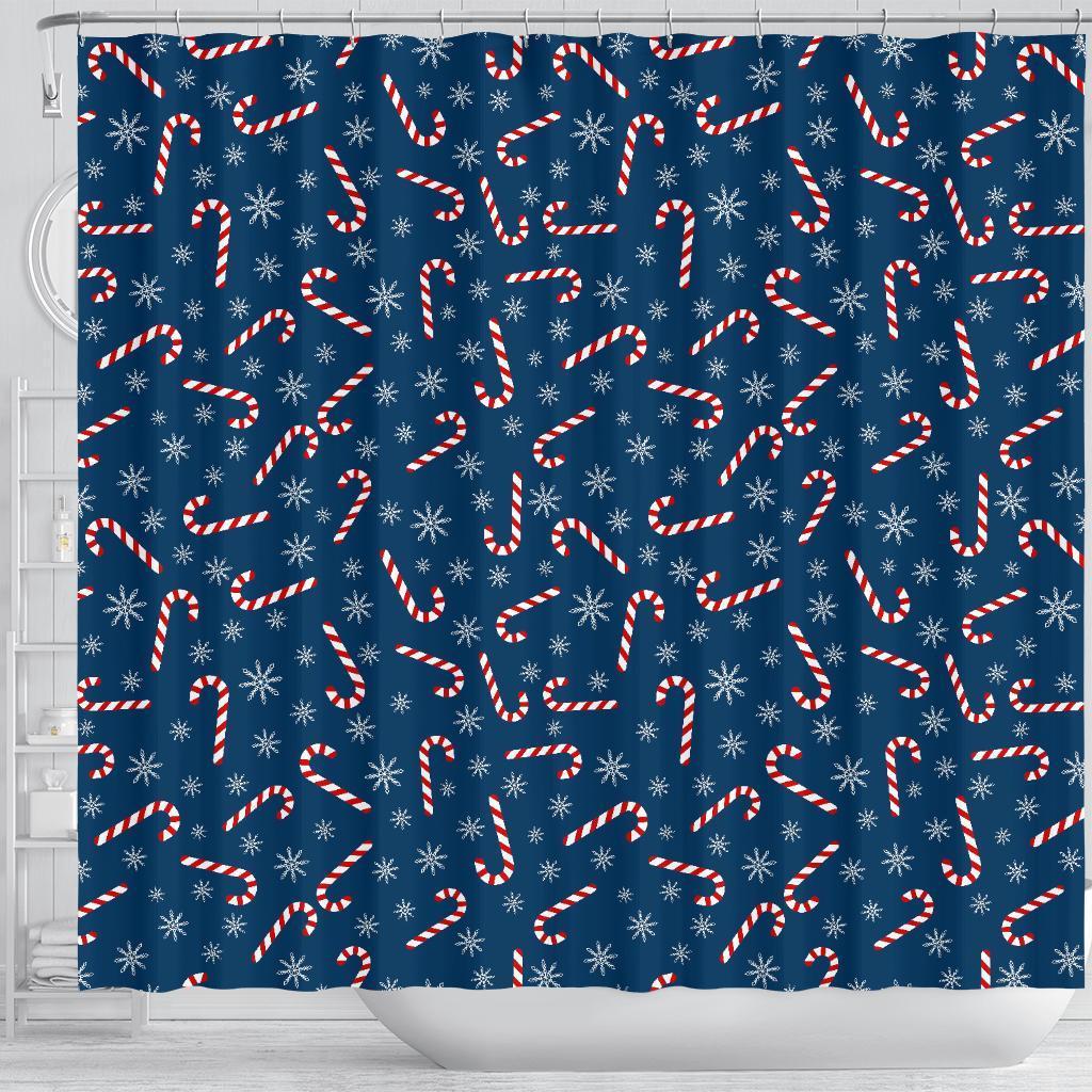 Snowflake Candy Cane Pattern Print Bathroom Shower Curtain-grizzshop