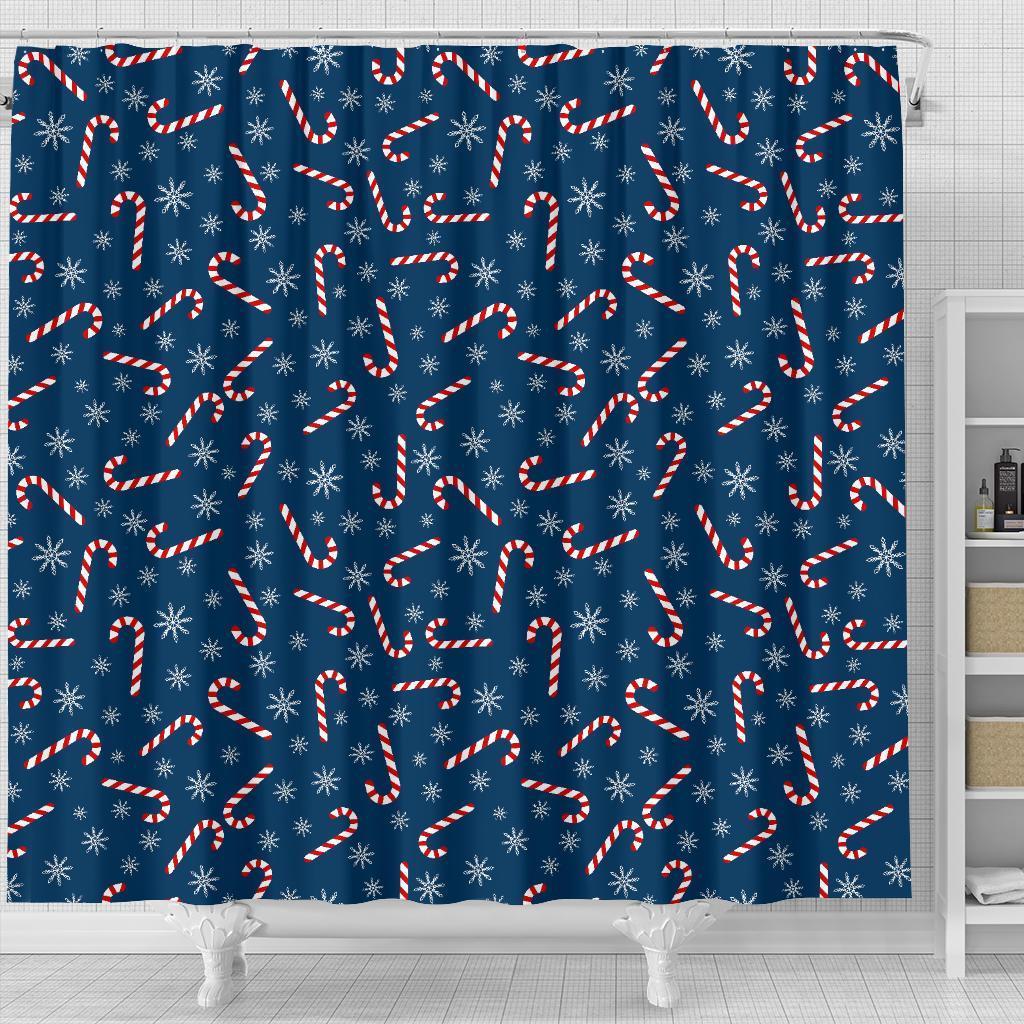 Snowflake Candy Cane Pattern Print Bathroom Shower Curtain-grizzshop