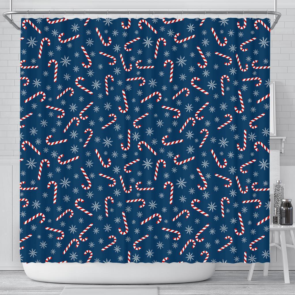 Snowflake Candy Cane Pattern Print Bathroom Shower Curtain-grizzshop