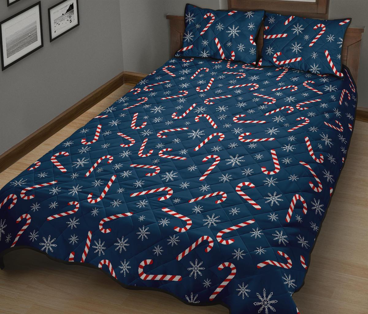 Snowflake Candy Cane Pattern Print Bed Set Quilt-grizzshop