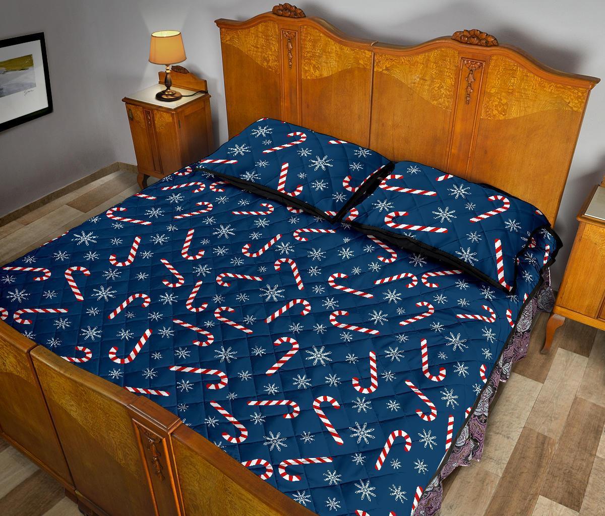 Snowflake Candy Cane Pattern Print Bed Set Quilt-grizzshop