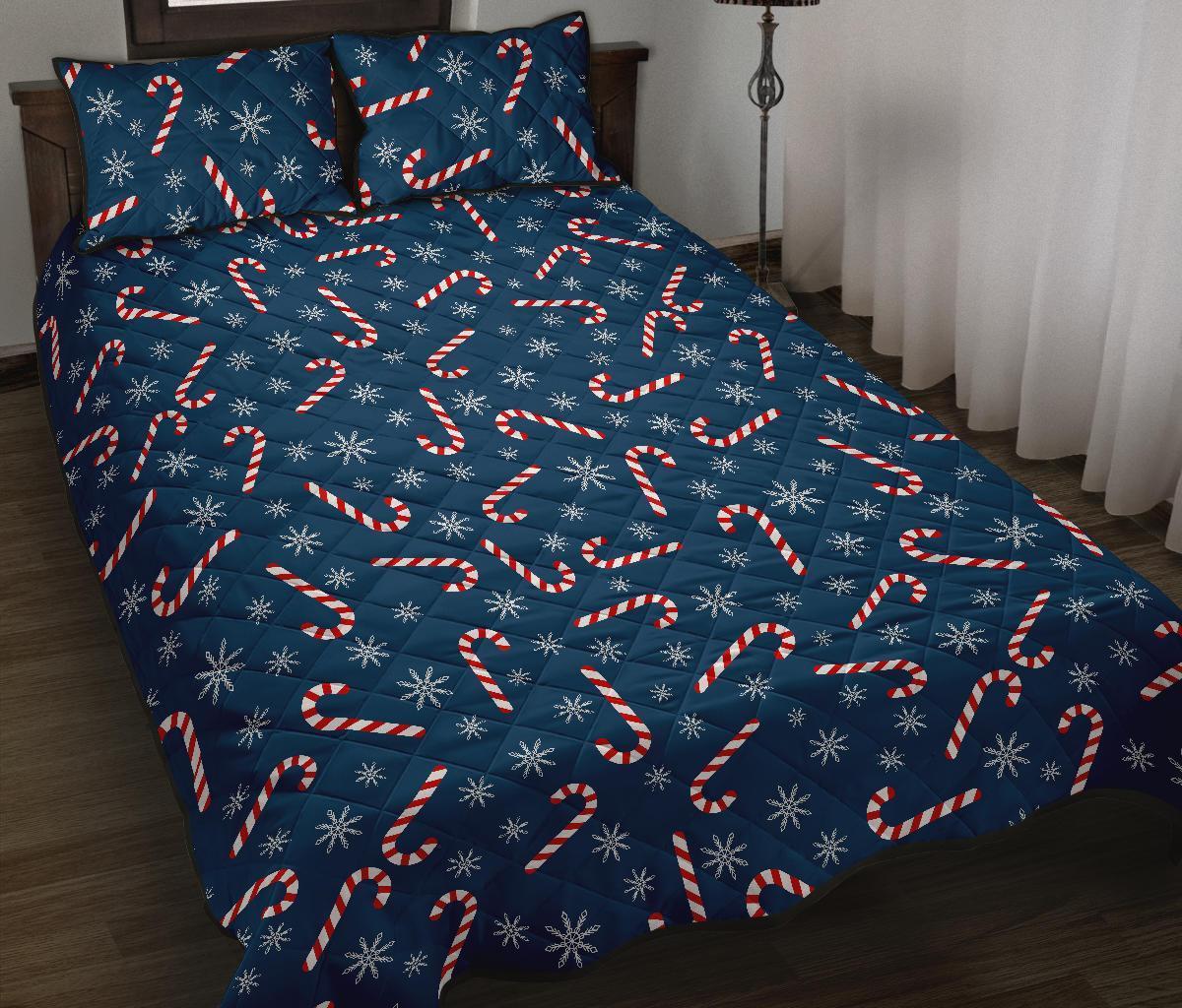 Snowflake Candy Cane Pattern Print Bed Set Quilt-grizzshop